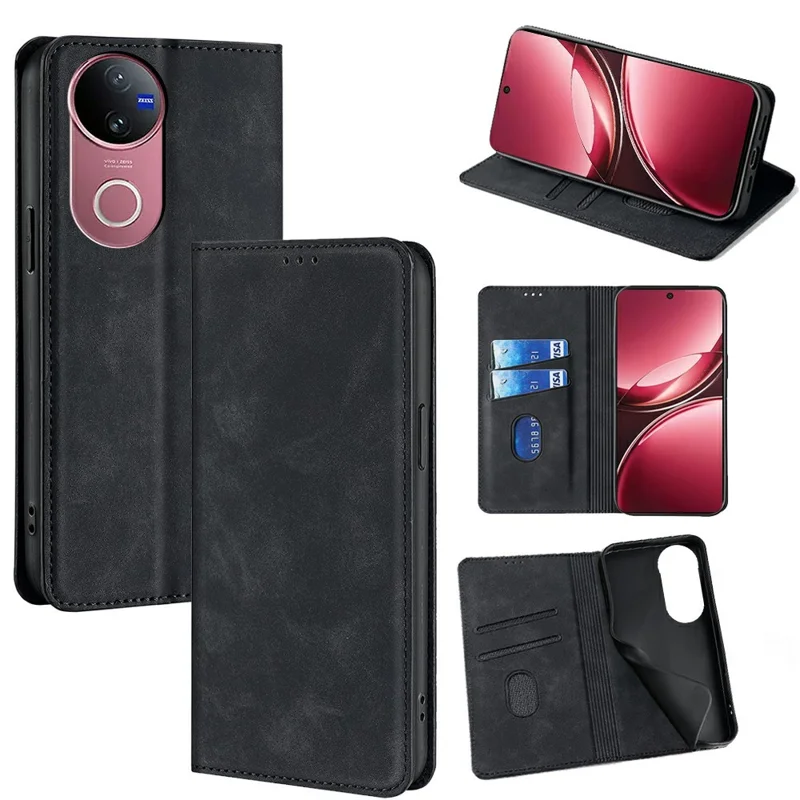 For vivo V50 5G Case Card Holder PU Leather Magnetic Closing Phone Cover - Black