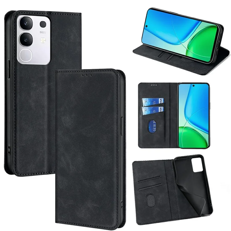 For vivo Y29 4G Case Card Holder PU Leather Magnetic Closing Phone Cover - Black