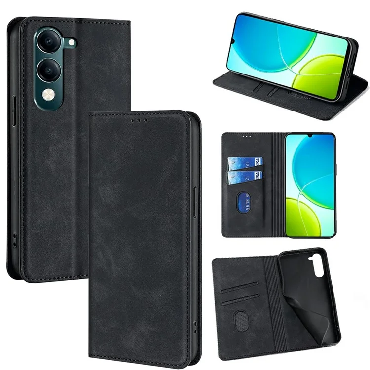 Capa para vivo Y29s 5G / Y04 4G com Porta-Cartões em Couro PU com Fechamento Magnético - Preto