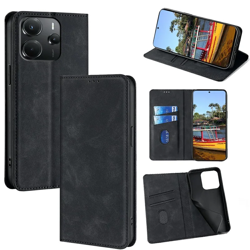 For Xiaomi Redmi Note 14 4G (164.84mm) Case Card Holder PU Leather Magnetic Closing Phone Cover - Black