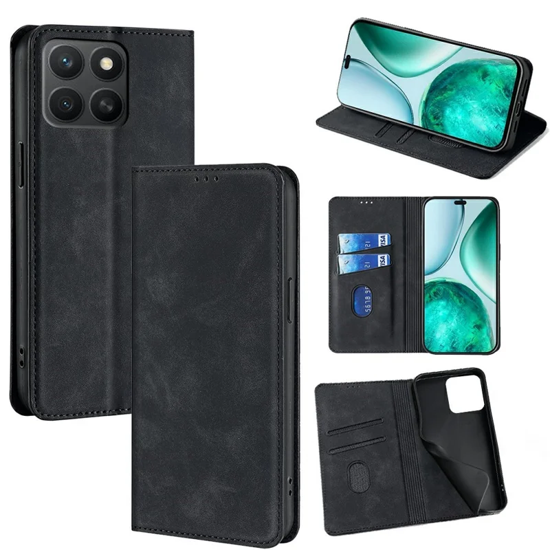 For Honor X8c 4G Case Card Holder PU Leather Magnetic Closing Phone Cover - Black