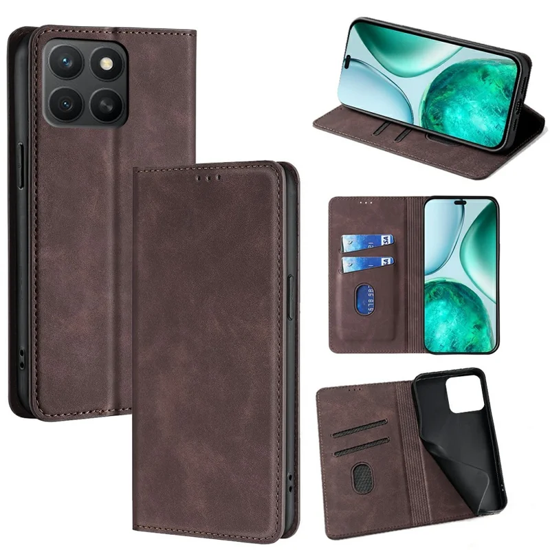For Honor X8c 4G Case Card Holder PU Leather Magnetic Closing Phone Cover - Dark Brown