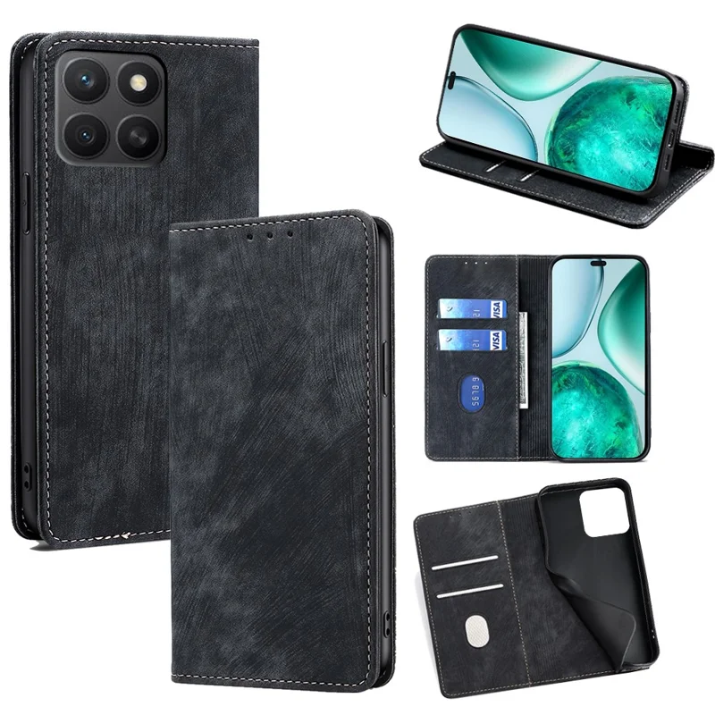 For Honor X8c 4G Case RFID Blocking Wallet Leather Phone Cover - Black