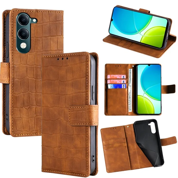 Capa de Couro PU com Textura de Crocodilo para Vivo Y29s 5G / Y04 4G - Marrom