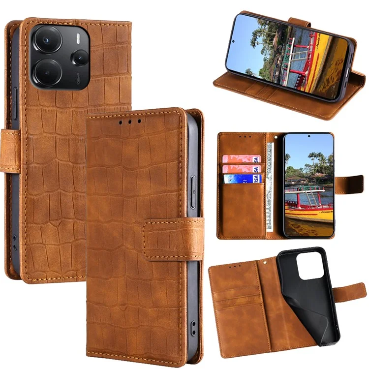 Funda de cuero PU con textura de cocodrilo para Xiaomi Redmi Note 14 4G (164,84 mm) - Marrón