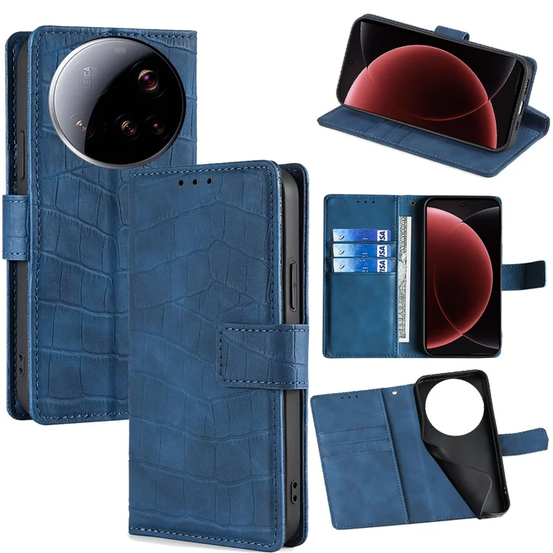 Voor Xiaomi 15 Ultra hoesje met krokodillenstructuur PU lederen telefoonhoes - Blauw