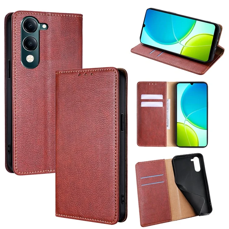 Capa carteira de couro PU magnética auto-absorvente para vivo Y04 4G / Y29s 5G - Marrom