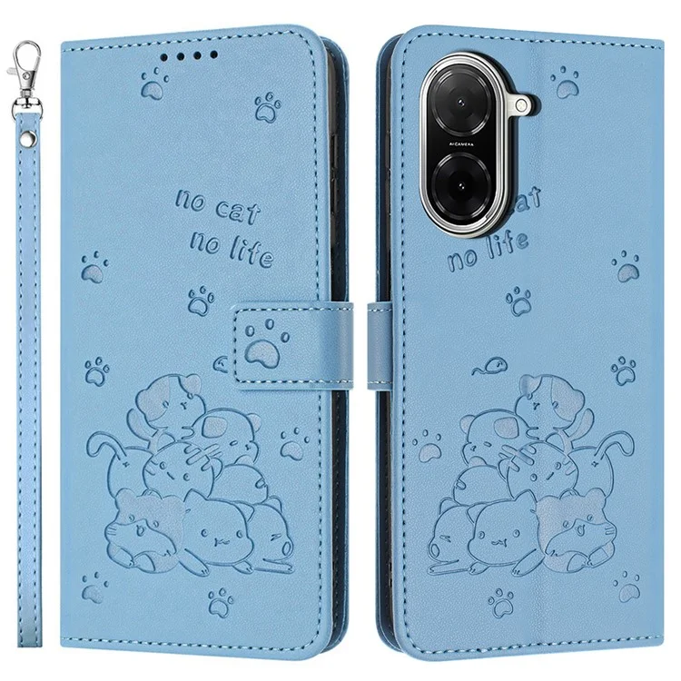 Étui Portefeuille pour Xiaomi Redmi A5 4G (171,7mm) / Poco C71 4G Empreinte de Chats en Cuir avec Lanière - Bleu