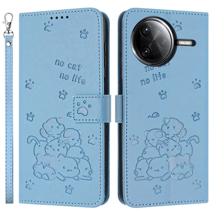 Wallet Case für Xiaomi Poco F7 Ultra 5G / F7 Pro 5G / Redmi K80 5G / K80 Pro 5G Katzen-Prägung Lederhandy-Cover mit Riemen - Blau