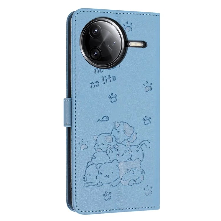 Wallet Case für Xiaomi Poco F7 Ultra 5G / F7 Pro 5G / Redmi K80 5G / K80 Pro 5G Katzen-Prägung Lederhandy-Cover mit Riemen - Blau