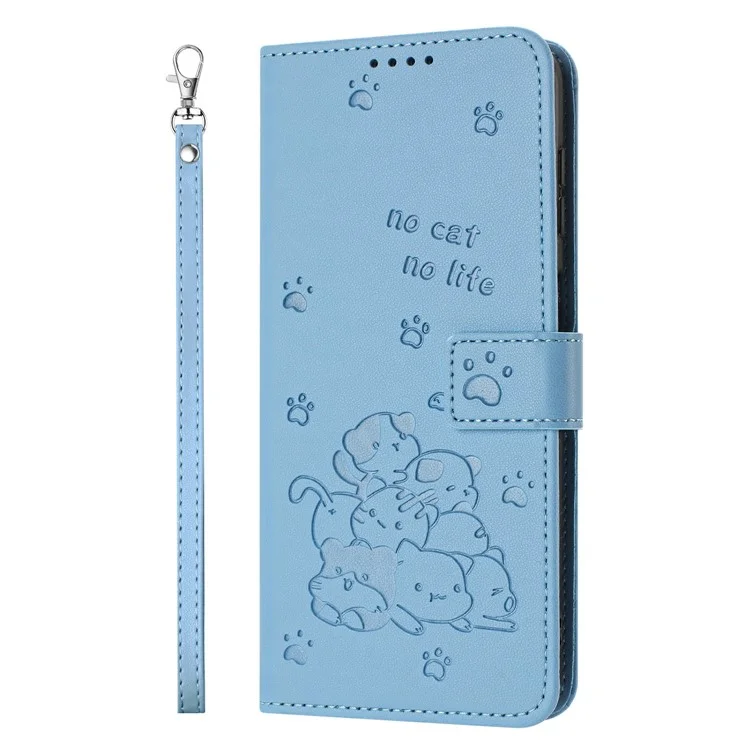 Wallet Case für Xiaomi Poco F7 Ultra 5G / F7 Pro 5G / Redmi K80 5G / K80 Pro 5G Katzen-Prägung Lederhandy-Cover mit Riemen - Blau