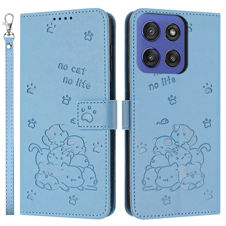 Custodia Portafoglio per Motorola Edge 60 Fusion 5G / Edge (2025) 5G Impronta di Gatti in Pelle con Cinturino - Blu