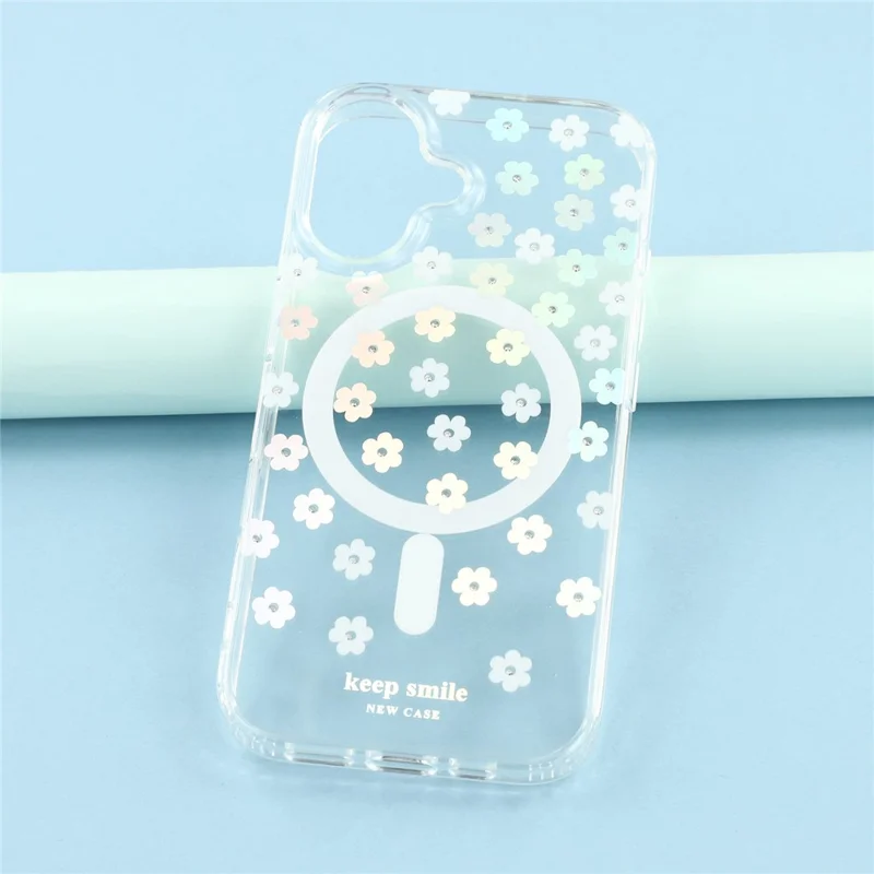 For iPhone 16 Plus Case Compatible with MagSafe Laser Flower PC+TPU Clear Phone Cover - Cream Flowers