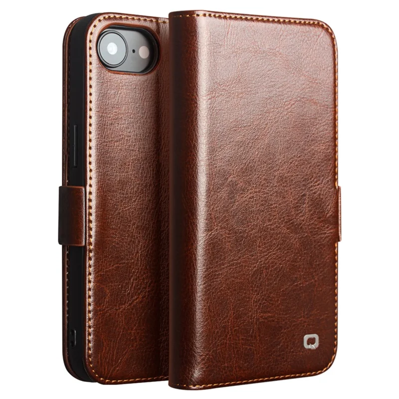 QIALINO For iPhone 16e Wallet Case Genuine Cow Leather Flip Cover Magnetic Clasp Full Protection - Brown