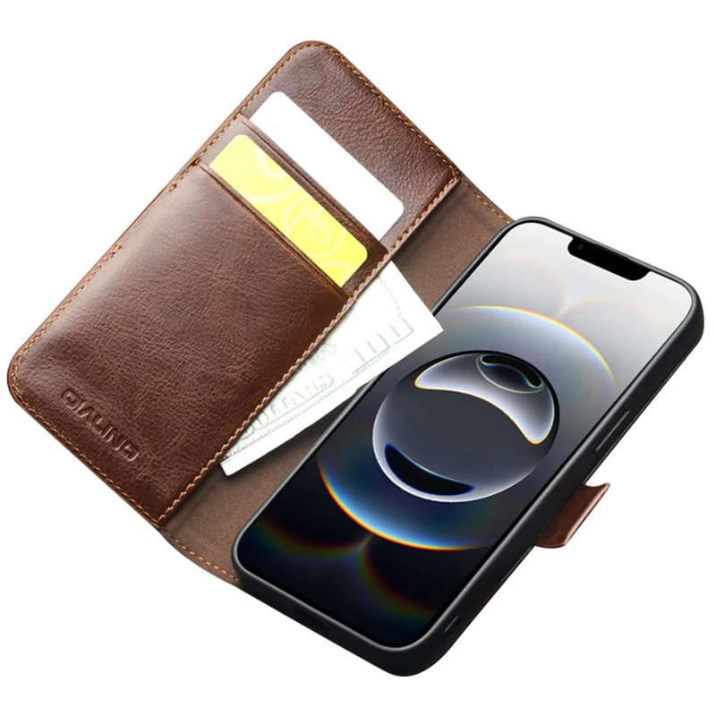QIALINO For iPhone 16e Wallet Case Genuine Cow Leather Flip Cover Magnetic Clasp Full Protection - Brown