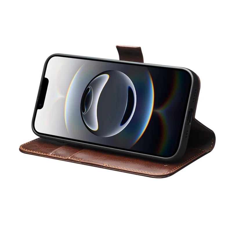 QIALINO For iPhone 16e Wallet Case Genuine Cow Leather Flip Cover Magnetic Clasp Full Protection - Brown