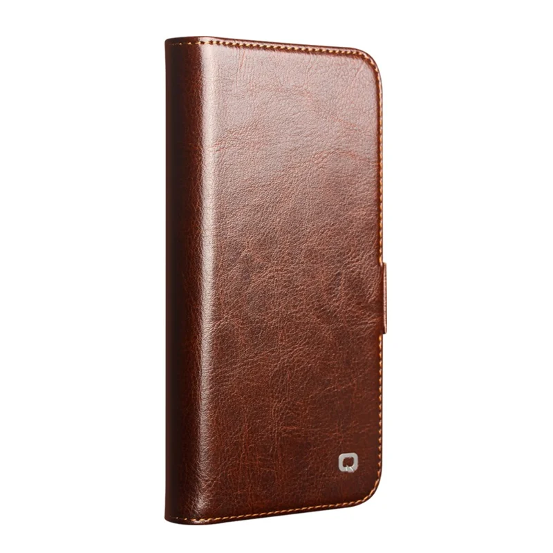 QIALINO For iPhone 16e Wallet Case Genuine Cow Leather Flip Cover Magnetic Clasp Full Protection - Brown