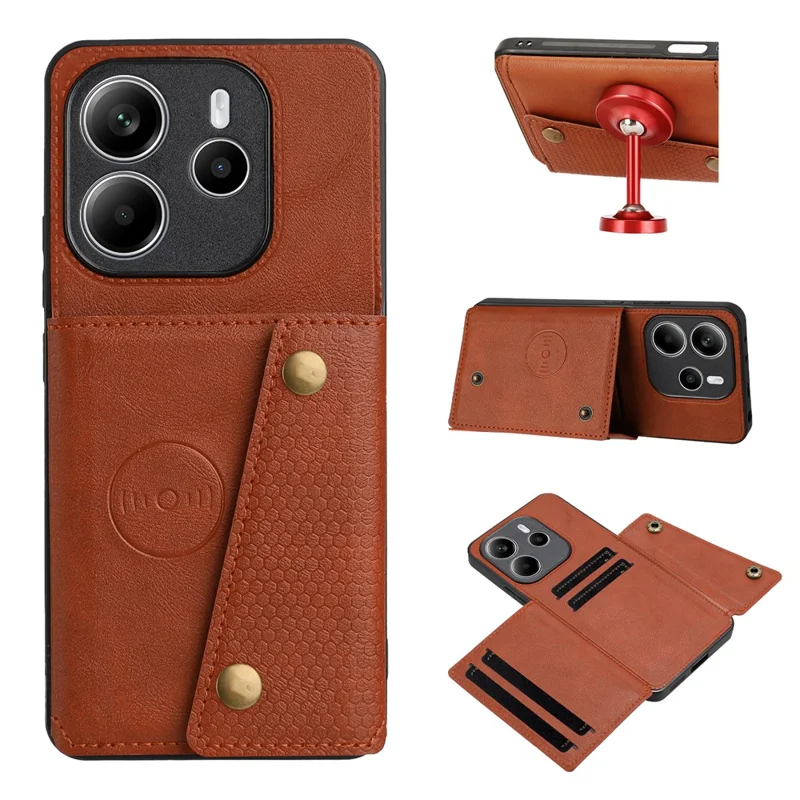 For Xiaomi Redmi Note 14 5G Case with Card Slots Kickstand Leather + TPU Phone Cover - Brown