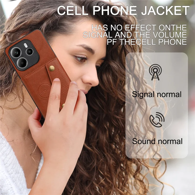 For Xiaomi Redmi Note 14 5G Case with Card Slots Kickstand Leather + TPU Phone Cover - Brown