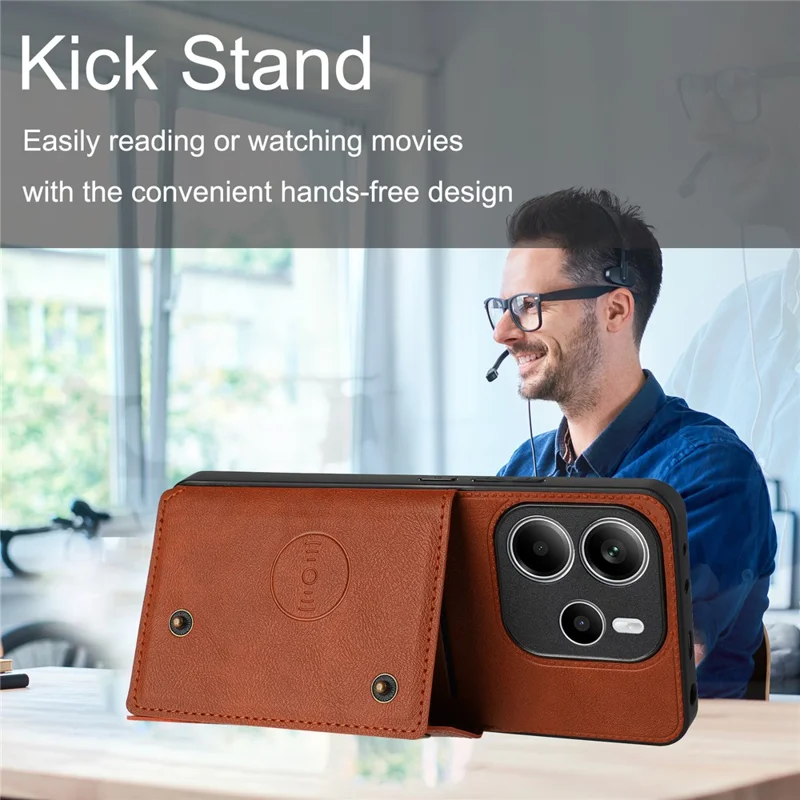 For Xiaomi Redmi Note 14 5G Case with Card Slots Kickstand Leather + TPU Phone Cover - Brown
