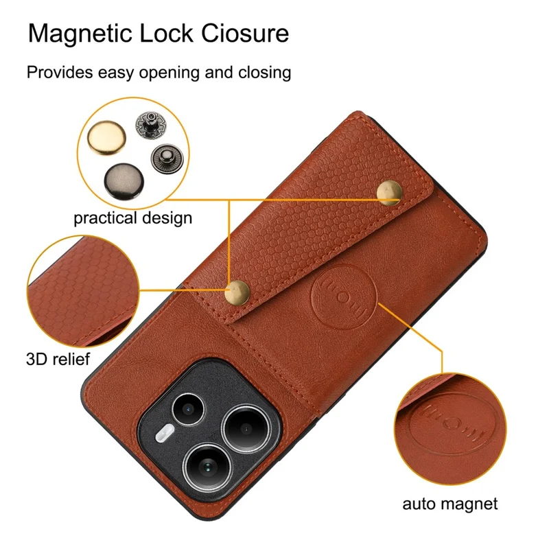 For Xiaomi Redmi Note 14 5G Case with Card Slots Kickstand Leather + TPU Phone Cover - Brown