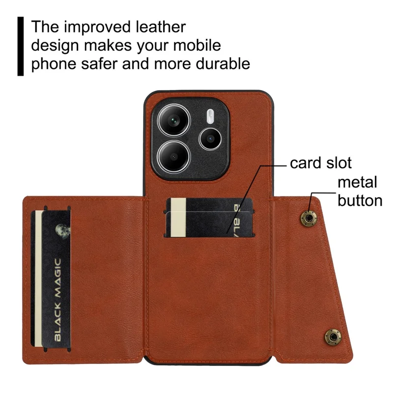 For Xiaomi Redmi Note 14 5G Case with Card Slots Kickstand Leather + TPU Phone Cover - Brown