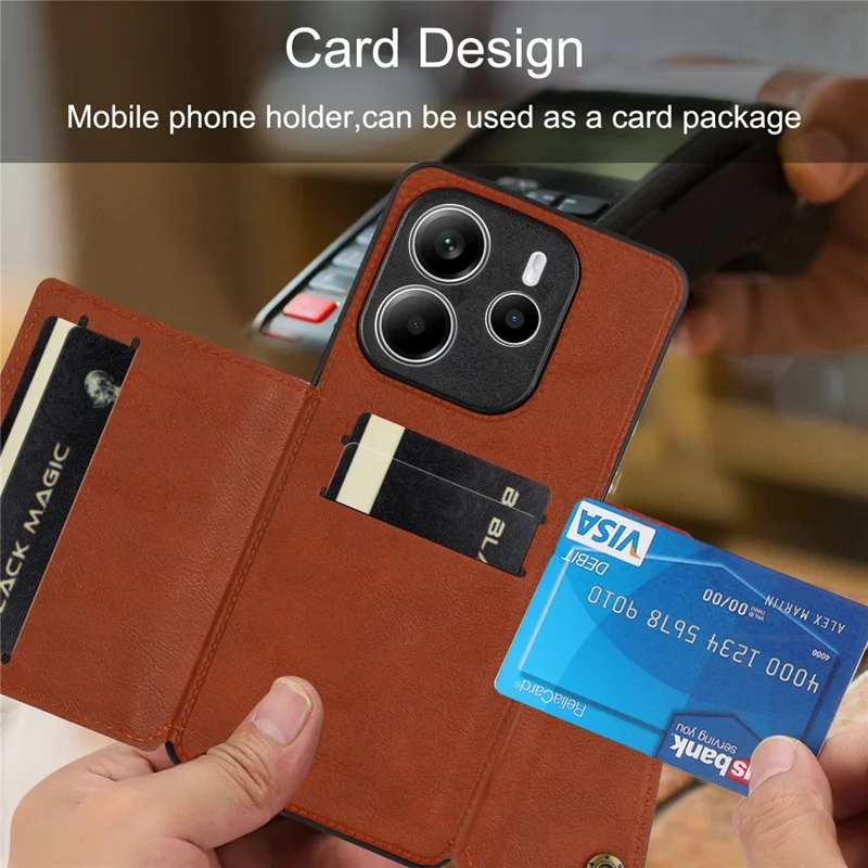 For Xiaomi Redmi Note 14 5G Case with Card Slots Kickstand Leather + TPU Phone Cover - Brown