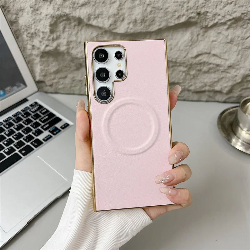 For Samsung Galaxy S25 Ultra Magnetic Case Nappa Texture PU + TPU + PC Phone Back Cover - Pink