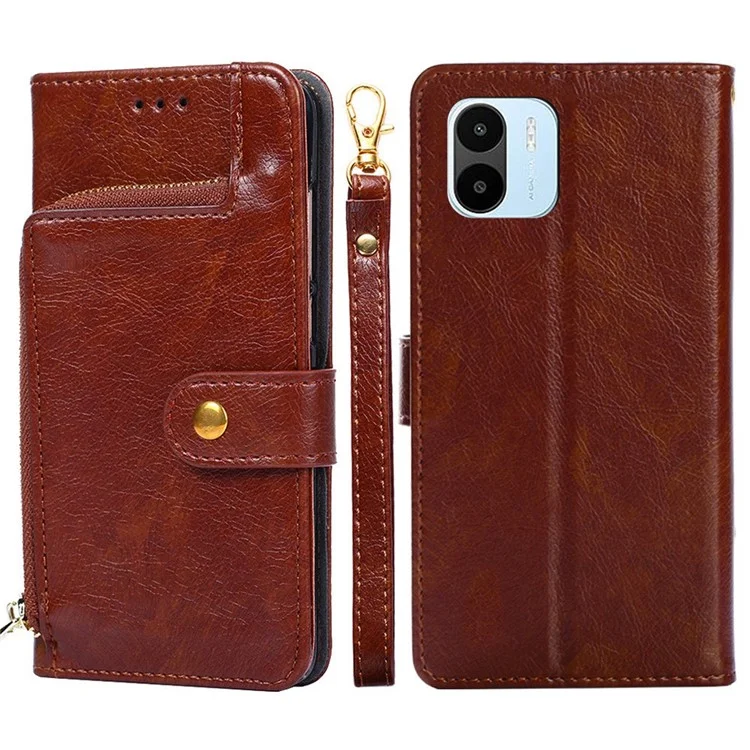 Pour Xiaomi Redmi A1 4G / A2 4G Zipper Pocket PU Leather Stand Wallet Case Folio Flip Shockproof Phone Cover with Handy Strap - Marron