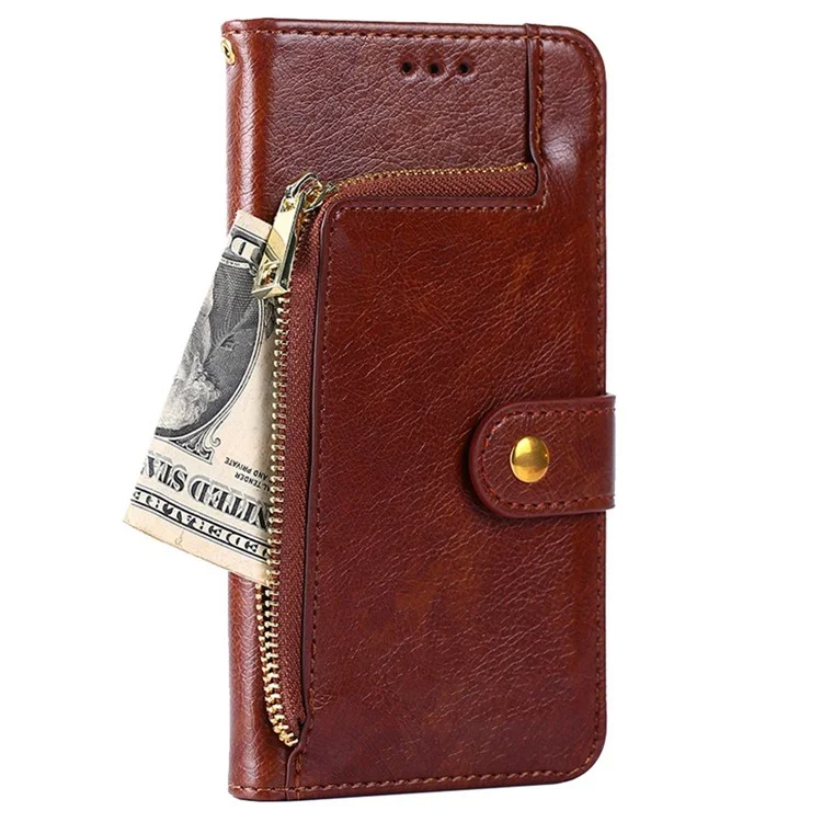 Pour Xiaomi Redmi A1 4G / A2 4G Zipper Pocket PU Leather Stand Wallet Case Folio Flip Shockproof Phone Cover with Handy Strap - Marron