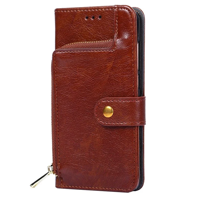 Pour Xiaomi Redmi A1 4G / A2 4G Zipper Pocket PU Leather Stand Wallet Case Folio Flip Shockproof Phone Cover with Handy Strap - Marron