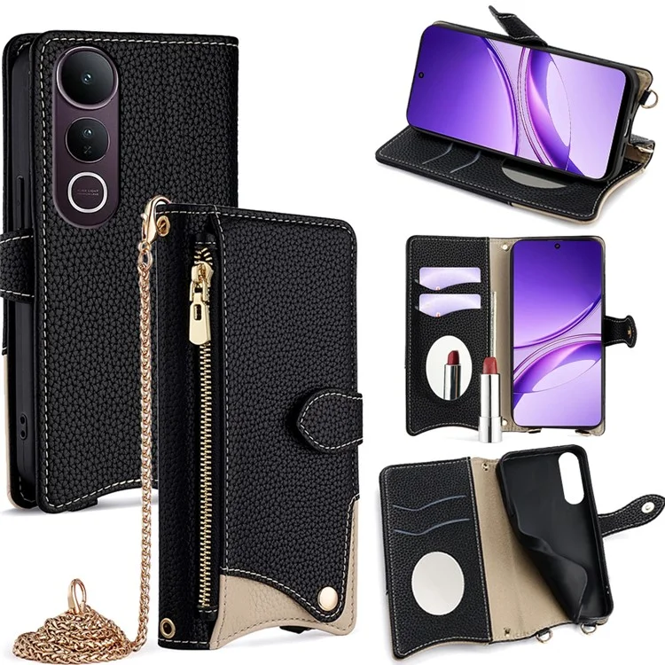 Für vivo V50 Lite 5G Brieftasche Fall Fischschwanz Design Leder Handy Abdeckung mit Spiegel / Ständer / Gurt - Schwarz