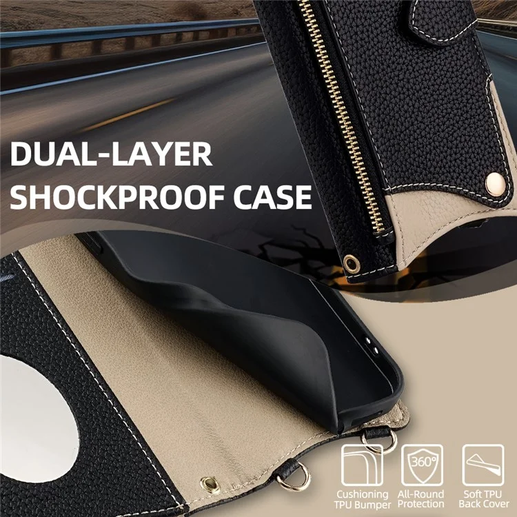 Für vivo V50 Lite 5G Brieftasche Fall Fischschwanz Design Leder Handy Abdeckung mit Spiegel / Ständer / Gurt - Schwarz