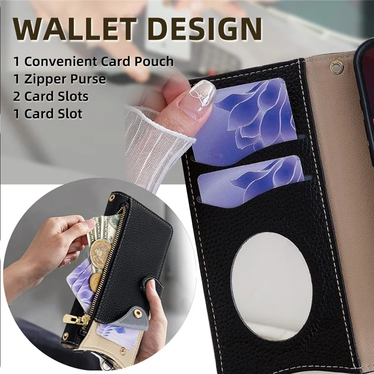 Für vivo V50 Lite 5G Brieftasche Fall Fischschwanz Design Leder Handy Abdeckung mit Spiegel / Ständer / Gurt - Schwarz