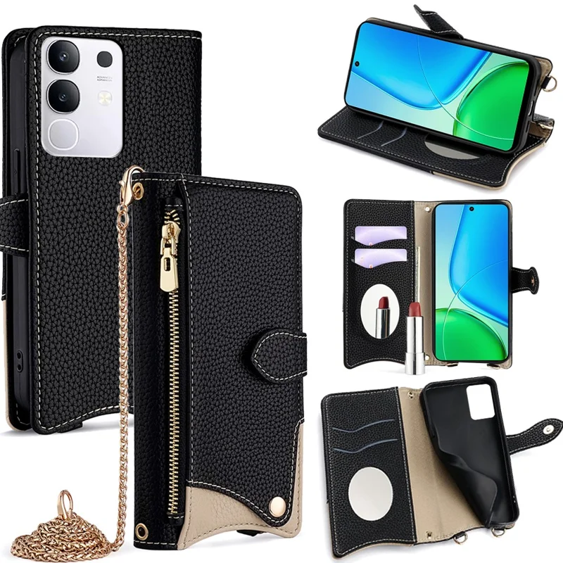 For vivo Y29 4G Wallet Case Fishtail Design Leather Phone Cover with Mirror  /  Stand  /  Strap - Black