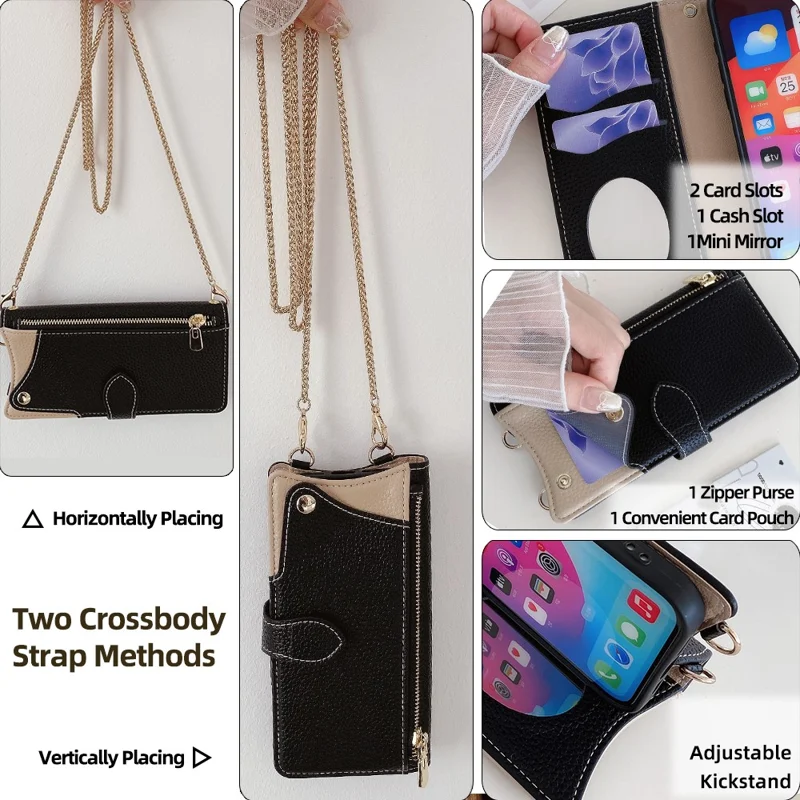 For vivo Y29 4G Wallet Case Fishtail Design Leather Phone Cover with Mirror  /  Stand  /  Strap - Black
