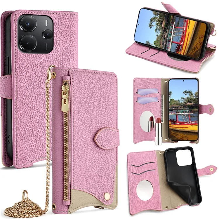 Funda tipo cartera para Xiaomi Redmi Note 14 4G (164,84 mm) con diseño de cola de pez, cubierta de cuero para teléfono con espejo / soporte / correa - Rosa