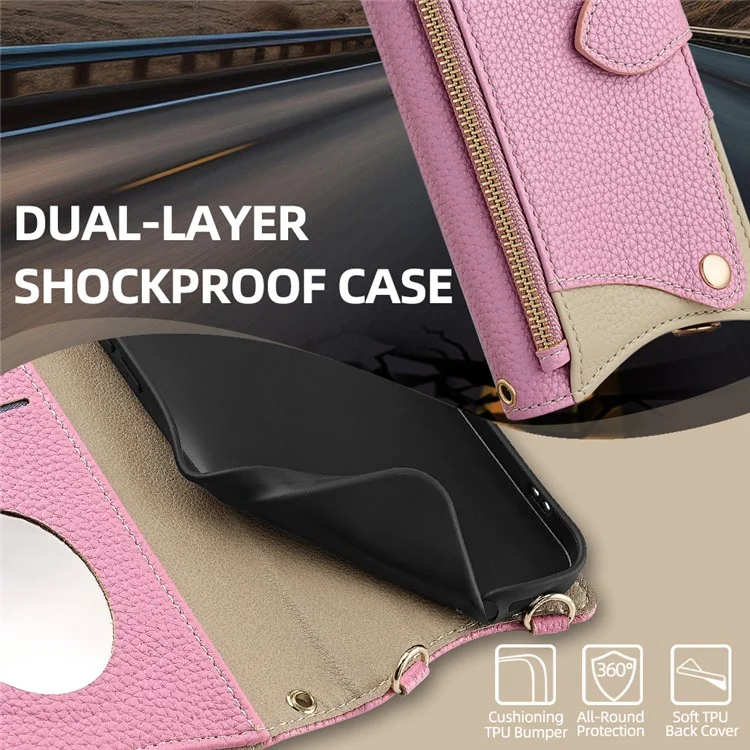Funda tipo cartera para Xiaomi Redmi Note 14 4G (164,84 mm) con diseño de cola de pez, cubierta de cuero para teléfono con espejo / soporte / correa - Rosa