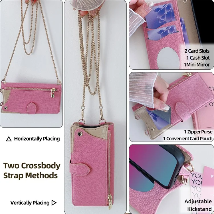 Funda tipo cartera para Xiaomi Redmi Note 14 4G (164,84 mm) con diseño de cola de pez, cubierta de cuero para teléfono con espejo / soporte / correa - Rosa