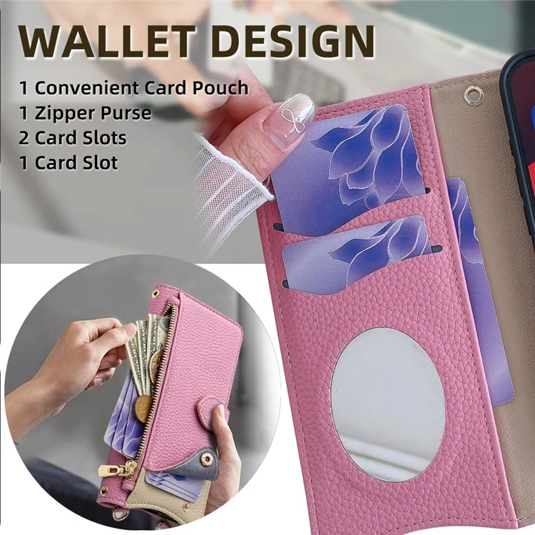 Funda tipo cartera para Xiaomi Redmi Note 14 4G (164,84 mm) con diseño de cola de pez, cubierta de cuero para teléfono con espejo / soporte / correa - Rosa
