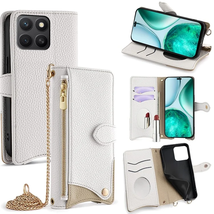 For Honor X8c 4G Wallet Case Fishtail Design Leather Phone Cover with Mirror  /  Stand  /  Strap - White