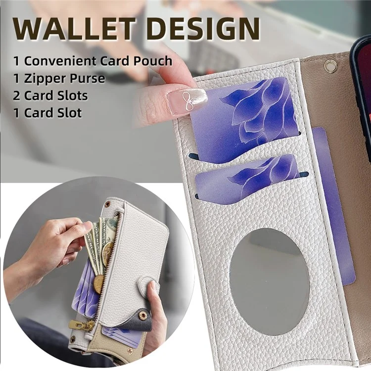 For Honor X8c 4G Wallet Case Fishtail Design Leather Phone Cover with Mirror  /  Stand  /  Strap - White