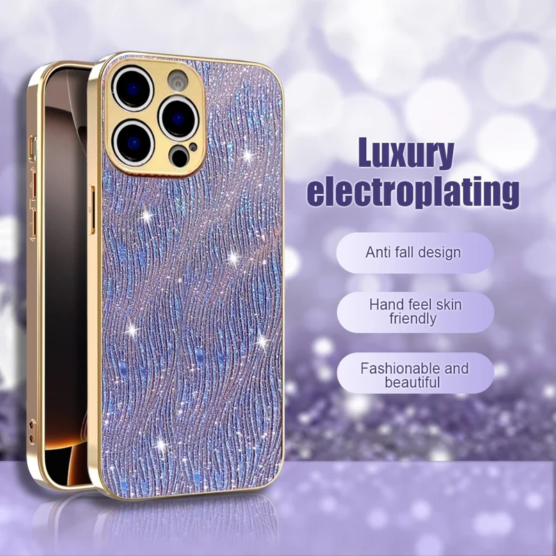 For iPhone 15 Pro Max Case Electroplating Ripple Texture PU + TPU + PC Phone Back Cover - Purple