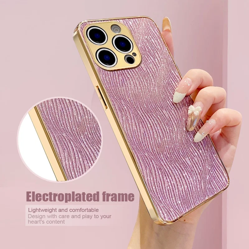 For iPhone 15 Pro Max Case Electroplating Ripple Texture PU + TPU + PC Phone Back Cover - Purple