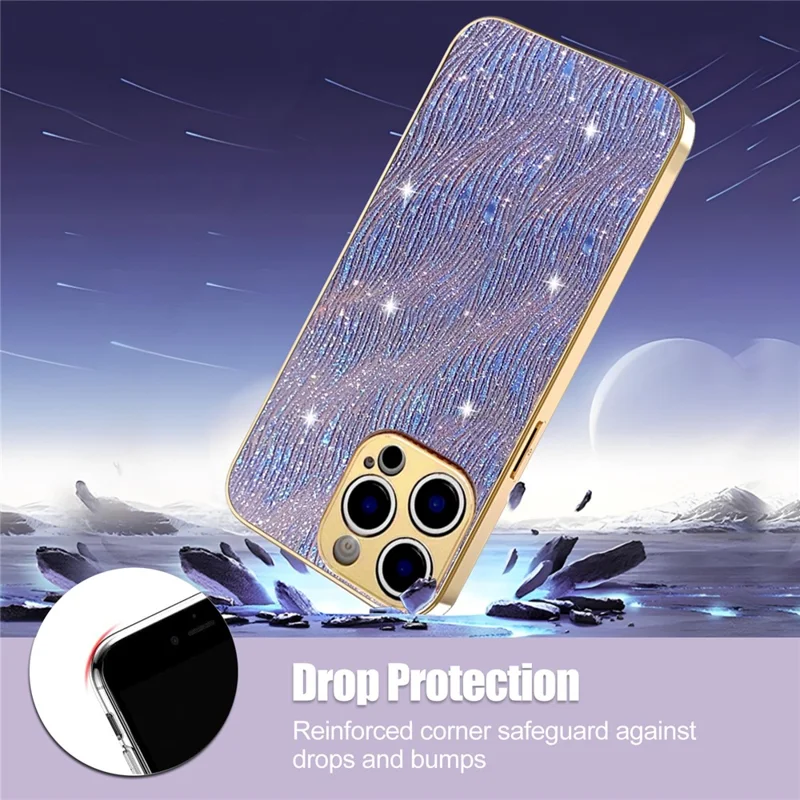 For iPhone 15 Pro Max Case Electroplating Ripple Texture PU + TPU + PC Phone Back Cover - Purple