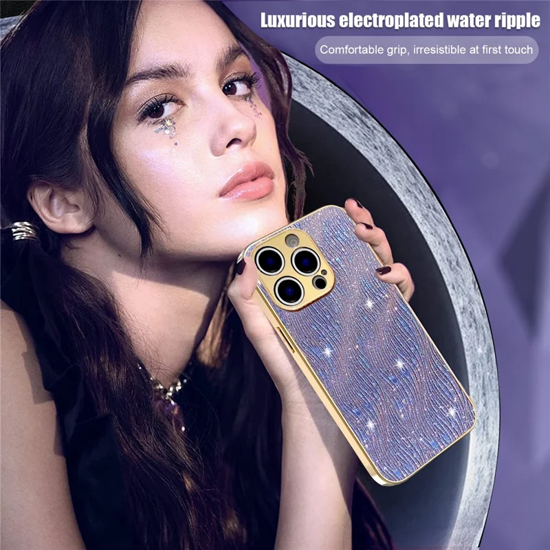For iPhone 15 Pro Max Case Electroplating Ripple Texture PU + TPU + PC Phone Back Cover - Purple