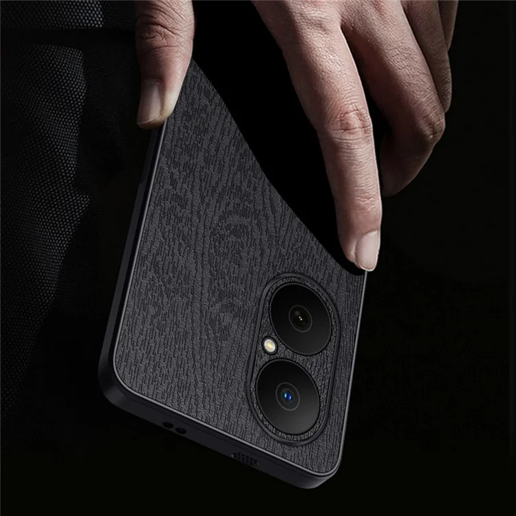 For Huawei Enjoy 80 Case Wood Texture PU Leather Coated PC TPU Phone Cover - Black