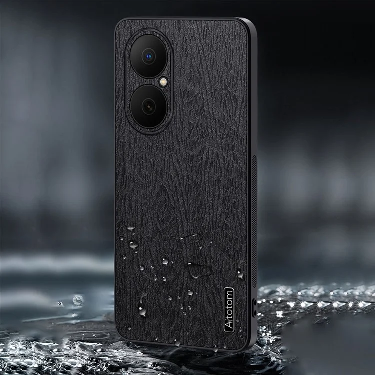 For Huawei Enjoy 80 Case Wood Texture PU Leather Coated PC TPU Phone Cover - Black