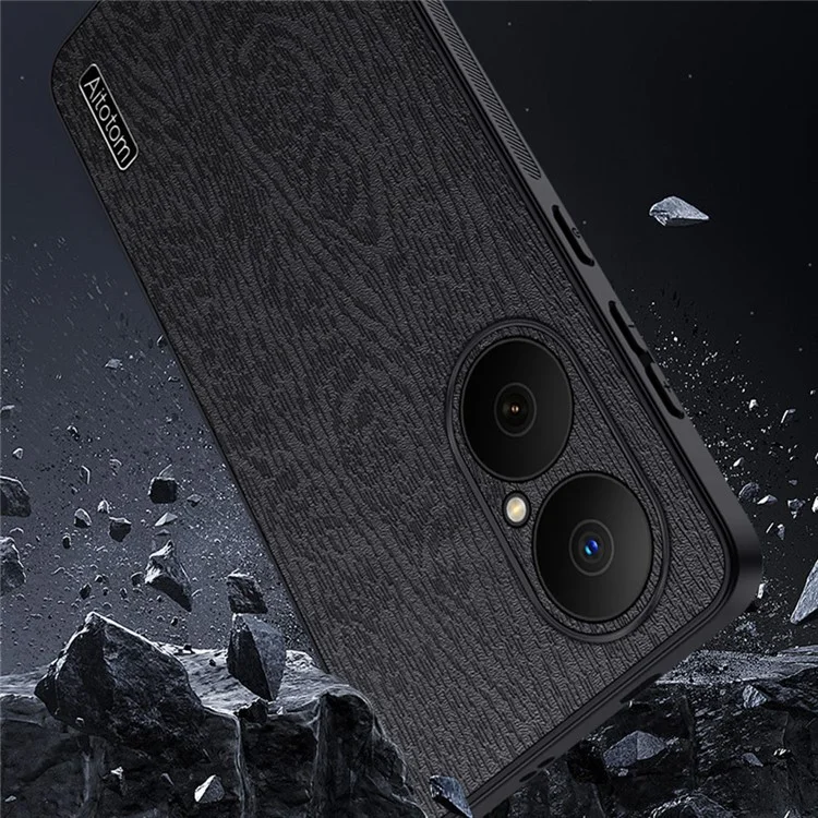 For Huawei Enjoy 80 Case Wood Texture PU Leather Coated PC TPU Phone Cover - Black