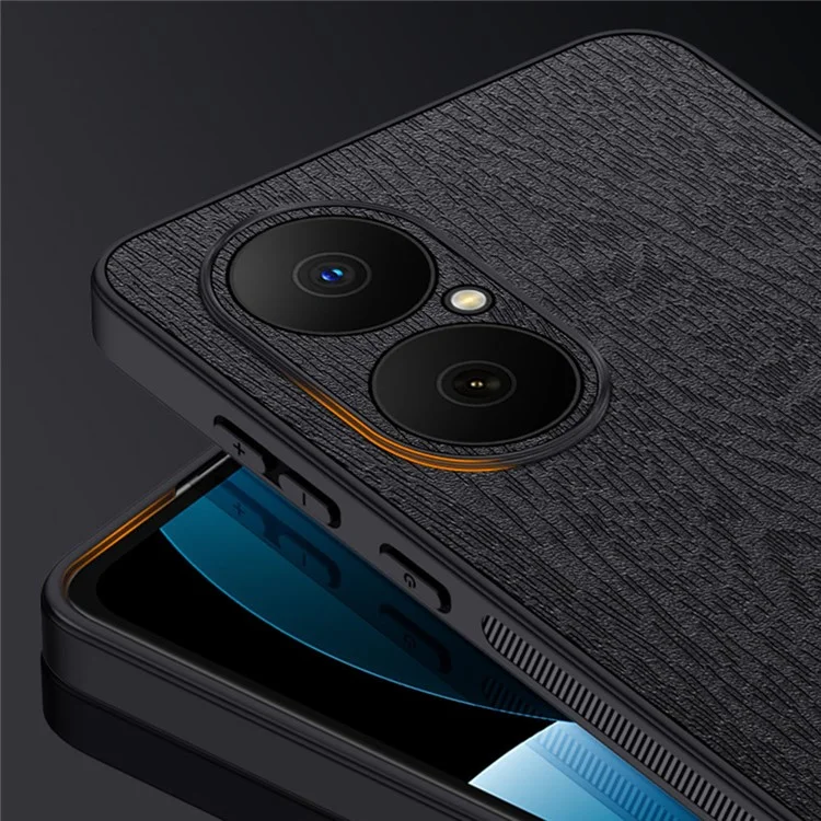 For Huawei Enjoy 80 Case Wood Texture PU Leather Coated PC TPU Phone Cover - Black